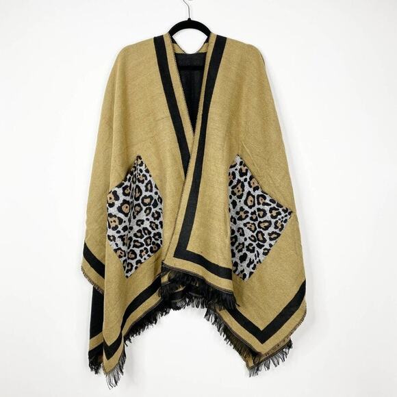 On My Rack Accessories - Mustard Leopard Pocket Wrap Shawl with Black Trim